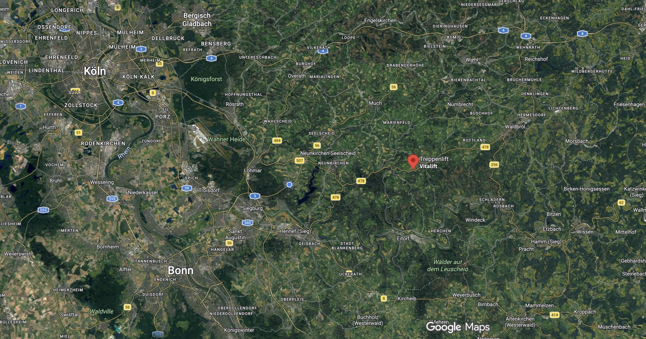 Karte mit dem Standort von vitaLift in Ruppichteroth, zwischen Köln, Bonn und Siegen